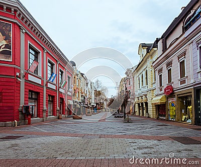 Main pedestrian area in the center of Plovdiv city in Bulgaria - no people Editorial Stock Photo